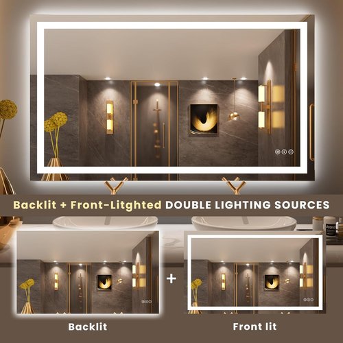 LOAAO LED Bathroom Mirror - 50" x 30" Dimmable Anti-Fog Backlit & Front Lit | Safe Tempered Glass, Memory Function