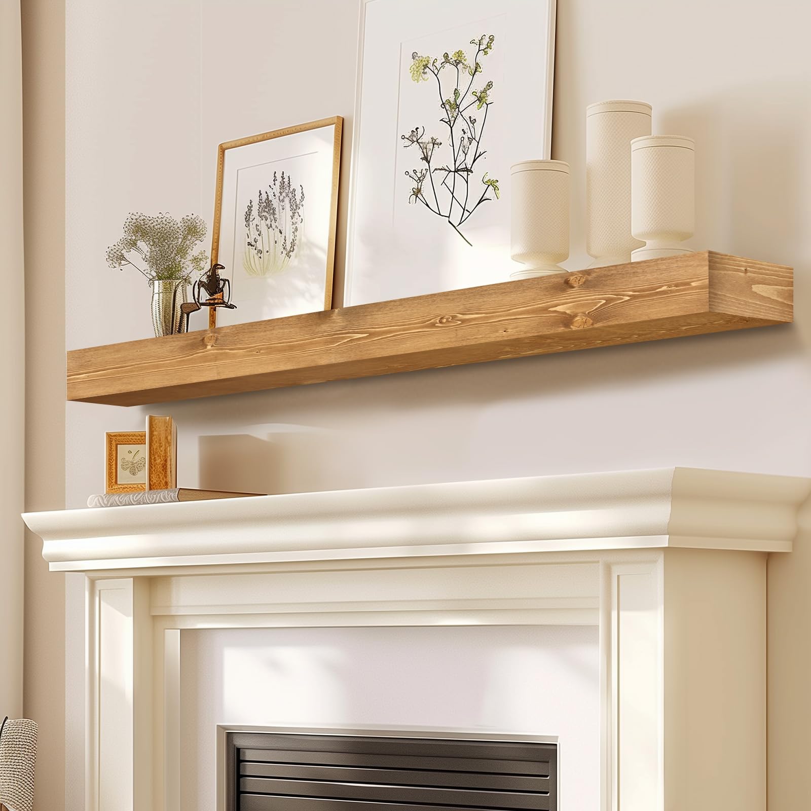 YLYHSST Fireplace Mantel Handmade, 3'' Thick Wall Decor Long Floating Shelf, 48inch Rustic Wood Shelf with Invisible Brackets, Wood Color