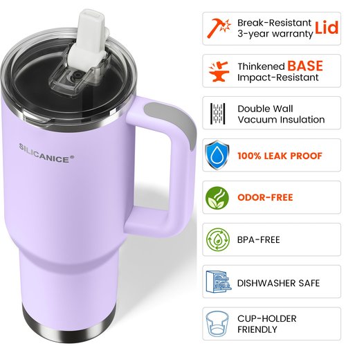 SILICANICE For Travel & Gym – Never Drink from a Moldy Lid Again: 40oz Hygienic Tumbler, 100% Leakproof Lid & Removable Foldable Spout. Reinforced Base, Fits Cup Holders - Lilac