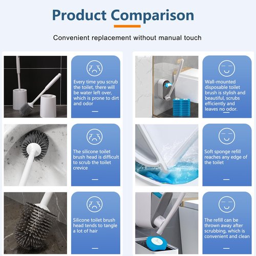 Disposable Toilet Brush with 32 Refills, Wall Mount Toilet Bowl Brush, 32PCS Powerful Toilet Brush Refills, Toilet Bowl Wand, Convenient and Contact-Free Toilet Brush Disposable.