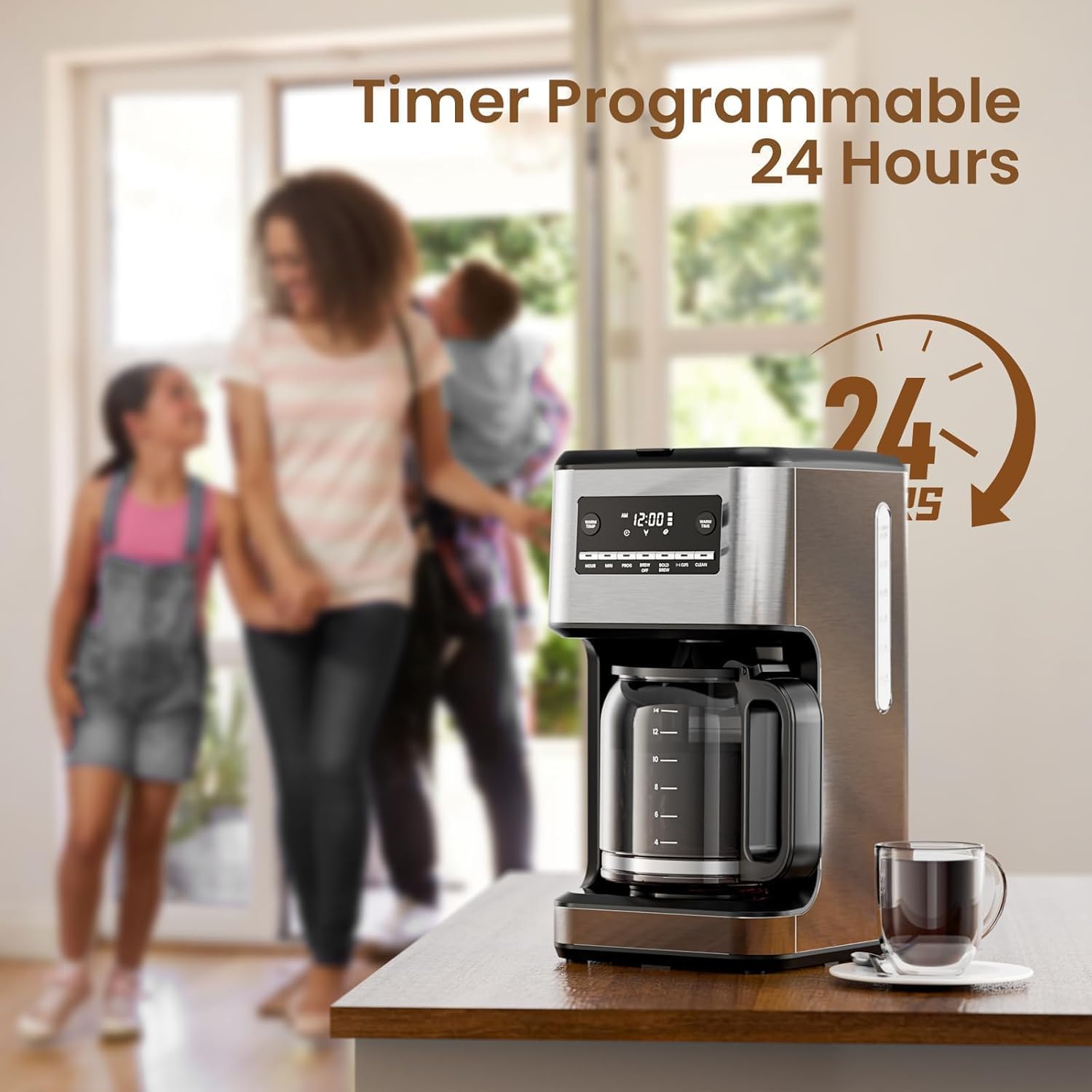 Skiennix 14-Cup Programmable Coffee Maker - Reusable Filter & Keep Hot Plate, Stainless Steel