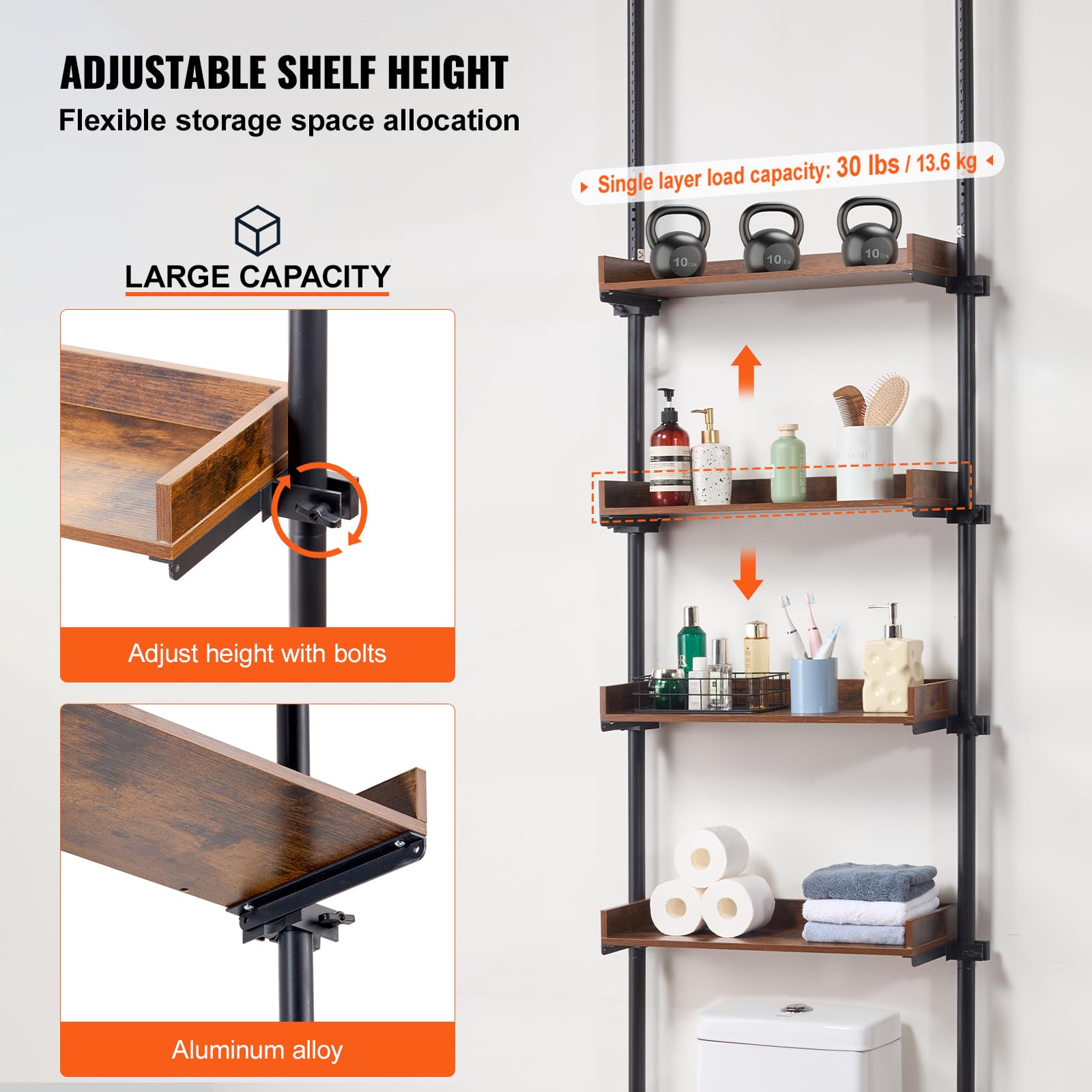 VEVOR Over the Toilet Storage, 4-Tier Adjustable Over Toilet Bathroom Organizer, Low-carbon Steel 53"-132" Tall Storage Shelf Rack, Easy Assembly Laundry Space Saver, for Small Rooms, Fit Most Toilets