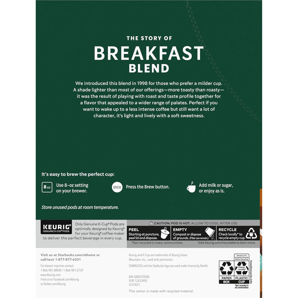 Starbucks K-Cup Coffee Pods - Medium Roast Breakfast Blend for Hot or Iced Coffee | 96 Pods