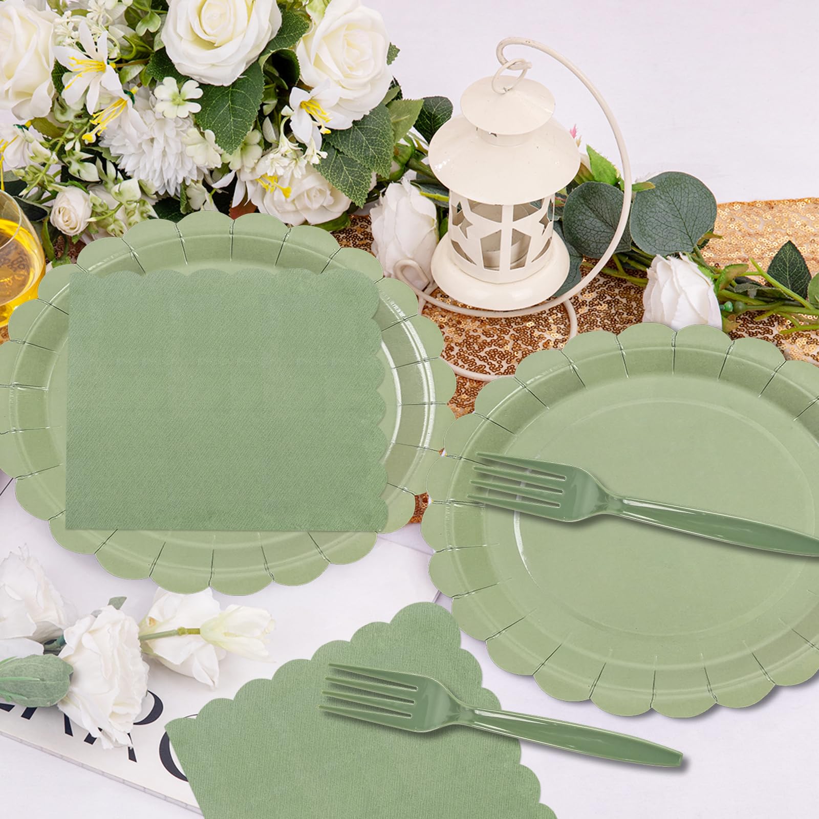 150Pcs Sage Green Paper Plates and Napkins,50 Sage Green Guest Scalloped Paper Tableware Forks Disposable Dinnerwaret Kit for Baby Shower Bridal Wedding Birthday Party New Year Decorations (7inch)