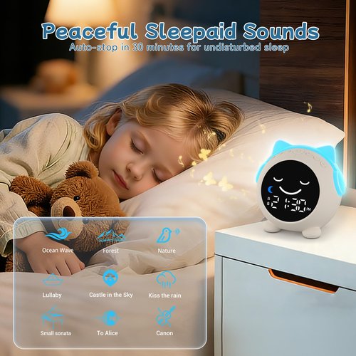 JAHUYU Kids Alarm Clock with Sleep Training, LED Night Light, Bluetooth Music, Multi-Color Display, Sound Machine, OK to Wake Light for Toddlers and Children