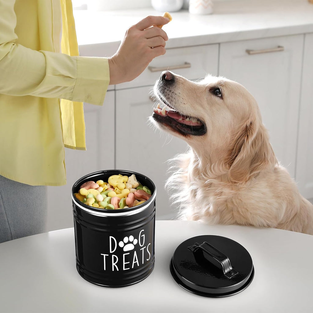 OUTNILI Dog Treat Container - Airtight 6.6" Tall X 6" Round Black Jar for Kitchen Storage | Rustic Canister for Pets