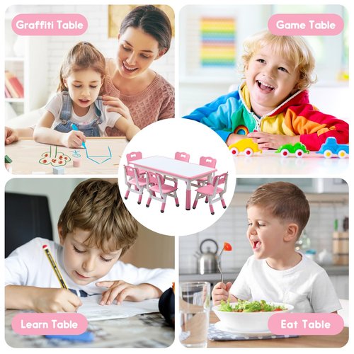 Kids Table and Chairs Set, Height Adjustable Desk With 6 Seats for Ages 3-12,Arts & Crafts Table,Graffiti Desktop, Non-Slip Legs, Max 300lbs, Children Multi-Activity Table for Classrooms,Daycares,Home