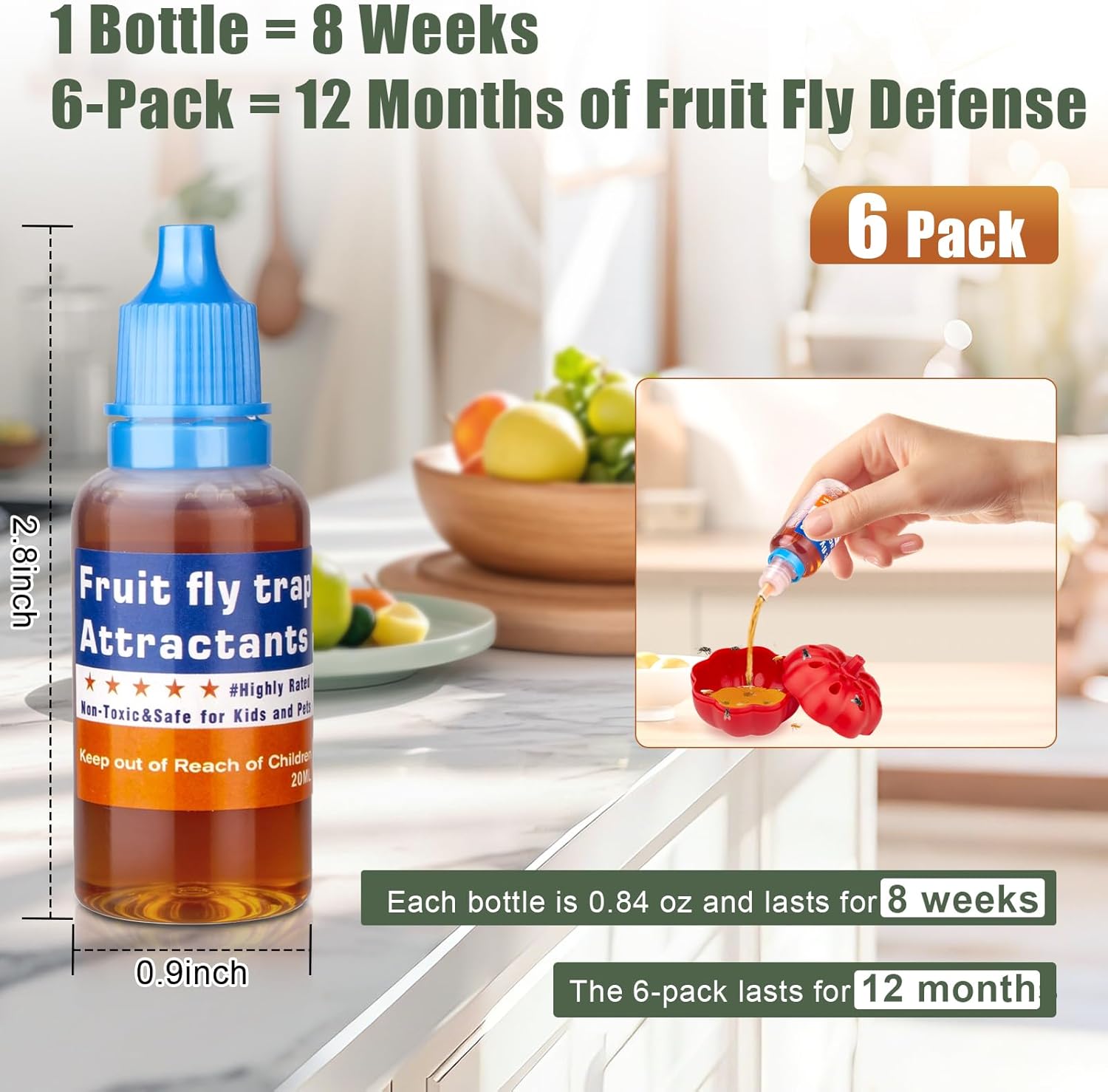 Regine Switzerland Fruit Fly Trap Refill Liquid - Effective Gnat Killer & Long-Lasting Bait (6 Pack)