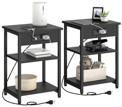 End Tables Set of 2 with Charging Station USB Ports, 3 Tier Tall Night Stand with Storage Shelves, Record Player Stand Narrow Side Table for Small Space Living Room Bedroom Office, Easy Assembly,Black