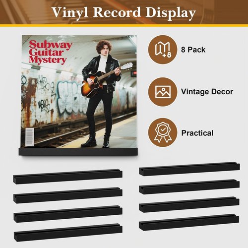 Emfogo Vinyl Record Shelf Wall Mount, 8 Pack Album Record Holder Wall, 12 inch Vinyl Record Storage Shelves Wall, Wood Record Display for Living Room(Black)