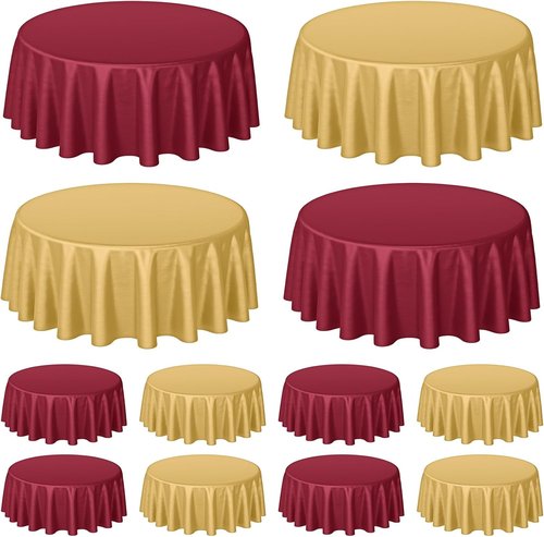Buryeah 12 Pcs Round Burgundy & Gold Waterproof Disposable Tablecloths | 84 Inch for Parties