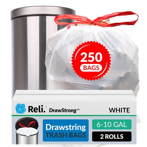 6-10 Gallon Trash Bags Drawstring | 250 Count | 22"x23" | 6, 8, 10 Gallon Drawstring Garbage Bags | White Trash Can Liners | Small - Medium