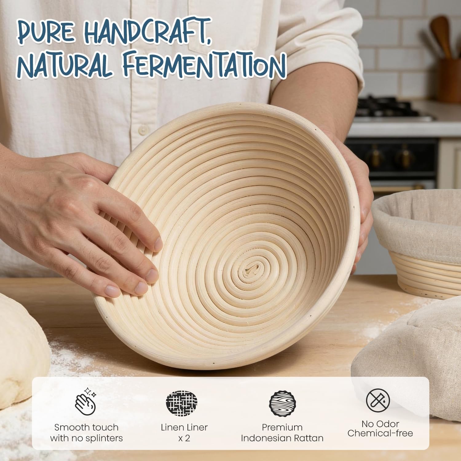 RORECAY Proofing Basket Set - 9" Round & 10" Oval Cane Baskets with Dough Whisk & Scrapers for Sourdough Baking
