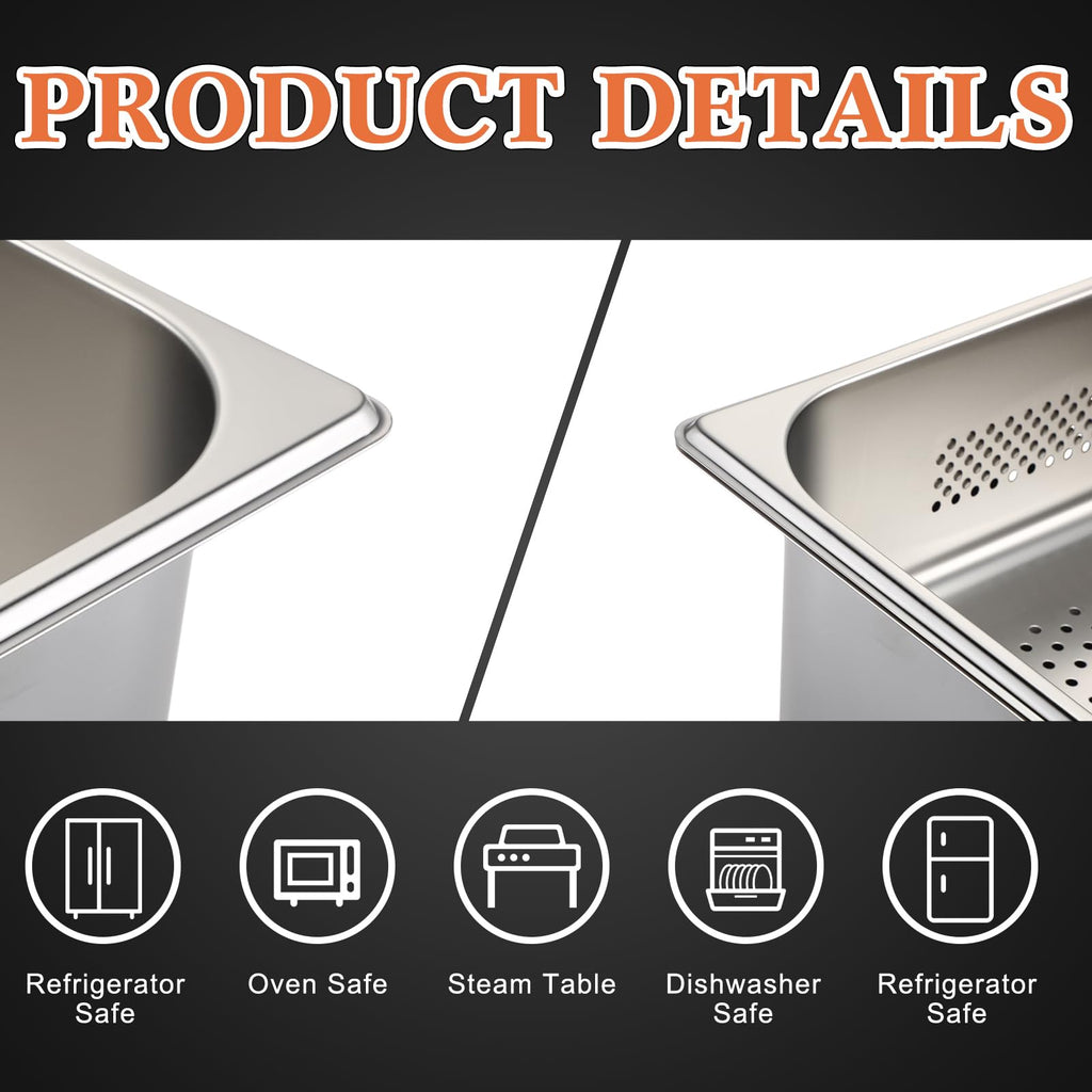 Tioncy 2 Pack Full Size Hotel Pans with Perforated Steam Pan, Stainless Steel Steam Table Pan Multifunctional Food Chafing Supplies for Restaurant Kitchen(Full Size, 4 Inches, 6 Inches)