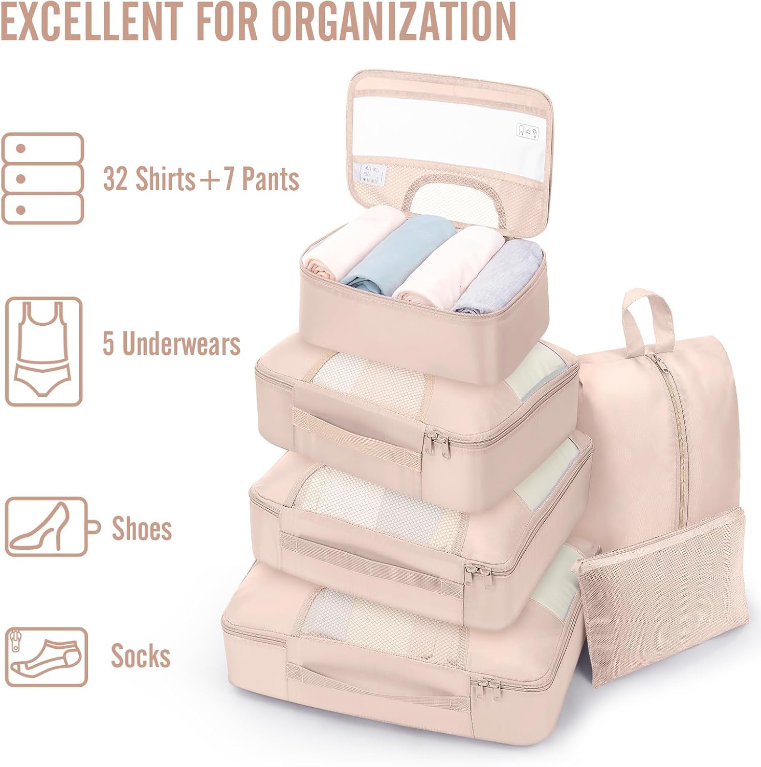 Veken Packing Cubes Set - Essential Travel Organizers for Beach Vacations | Includes Hanging Toiletry Bag