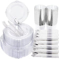 Morejoy 350PCS Clear Silver Plastic Plates - Silver Disposable Plates sets Include 50 Dinner Plates,50 Salad Plates,50 Forks,50 Knives, 50 Spoons，50 Cups, 50 Rolled Napkins for Wedding & Christmas