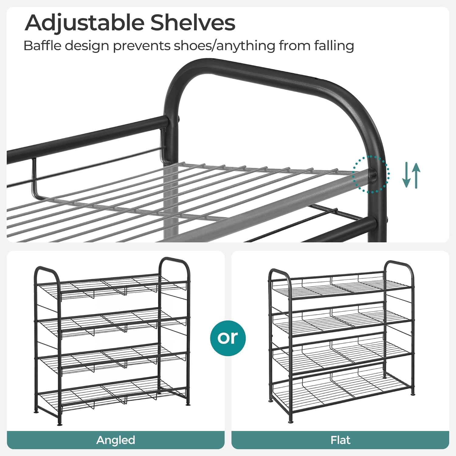 SONGMICS 4-Tier Stackable Shoe Rack - Adjustable Metal Storage Shelf for 16 Pairs | Black