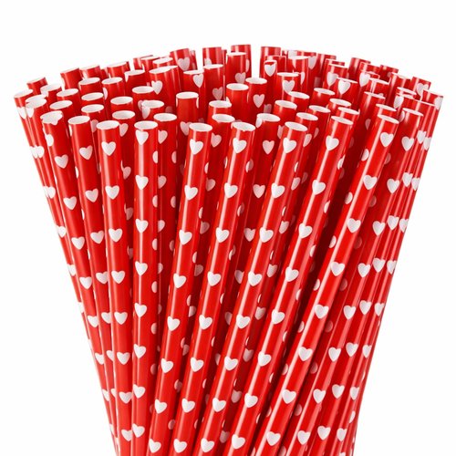 Honeydak 100 Pieces Valentine's Day Reusable Straws Bulk 9" Red Heart Hard Plastic Drinking Straws for Beverage Cocktail Mason Jar Tumbler Valentine's Day Birthday Love Party Supplies