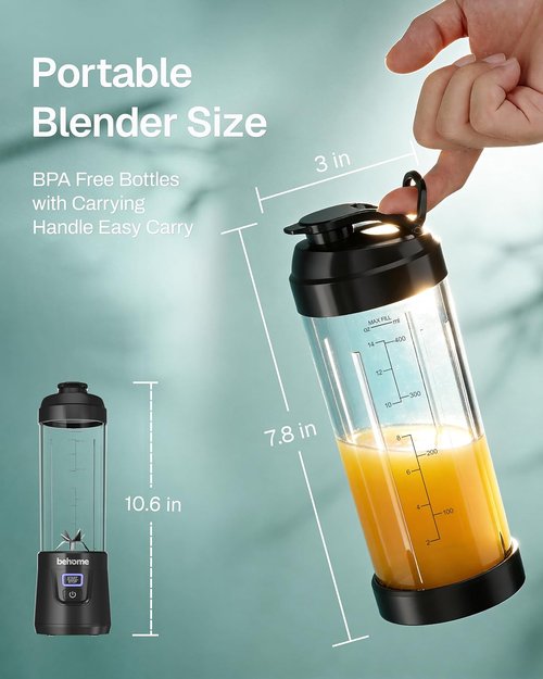 Behome Portable Blender - Personal Juicer for Smoothies & Shakes | 14 OZ BPA-Free, USB-C Rechargeable, Dishwasher Safe