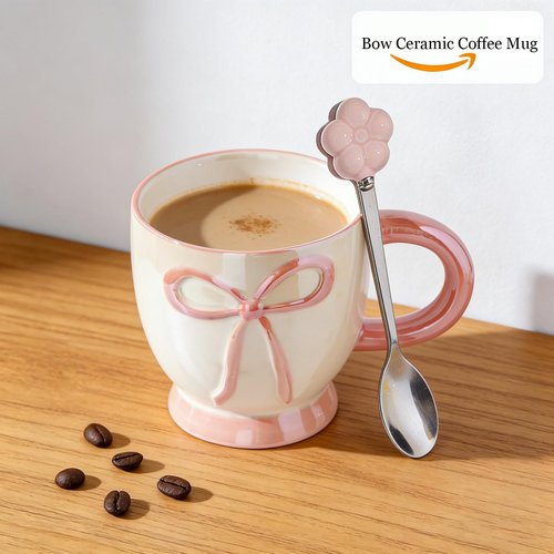 VABILNIY]Ceramic Coffee Mug with Bow Design, 13.5 fl oz Cute Coffee Cup with Spoon, Pink Tea Cup for Hot & Cold Drinks, Gift for Women, Family and Friends
