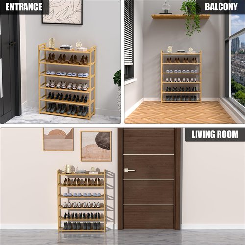 RESTSUKO 6-Tier Free Standing Shoe Racks, Bamboo Wood Shoe Rack for Entryway & Closet, Holds up to 24 Pairs of Shoes