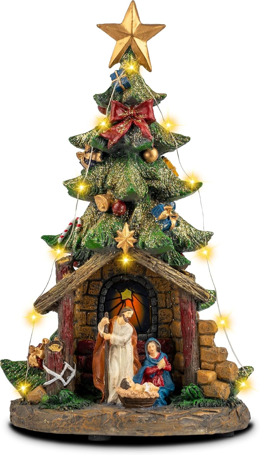 VISFLAIR 12'' Lighted Nativity Scene - Musical Holy Family Figurines with LED Lights for Holiday Decor