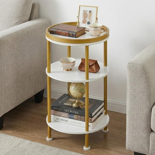 Small Round Side Table, Gold Round End Table with White Shelves, 3-Tier Modern Nightstand for Bedroom & Living Room, 21.7" H Narrow Gold Accent Table for Small Spaces, Dorm, Nursery (White & Gold)