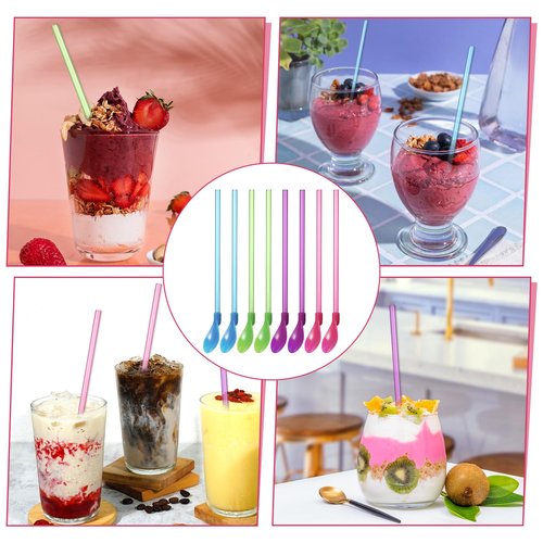 8 PCS Hard Plastic Spoon Straws, 9.3 Inch Reusable Straw Spoons Detachable Drinking Straws Snow Straw Spoon, Assorted Colors