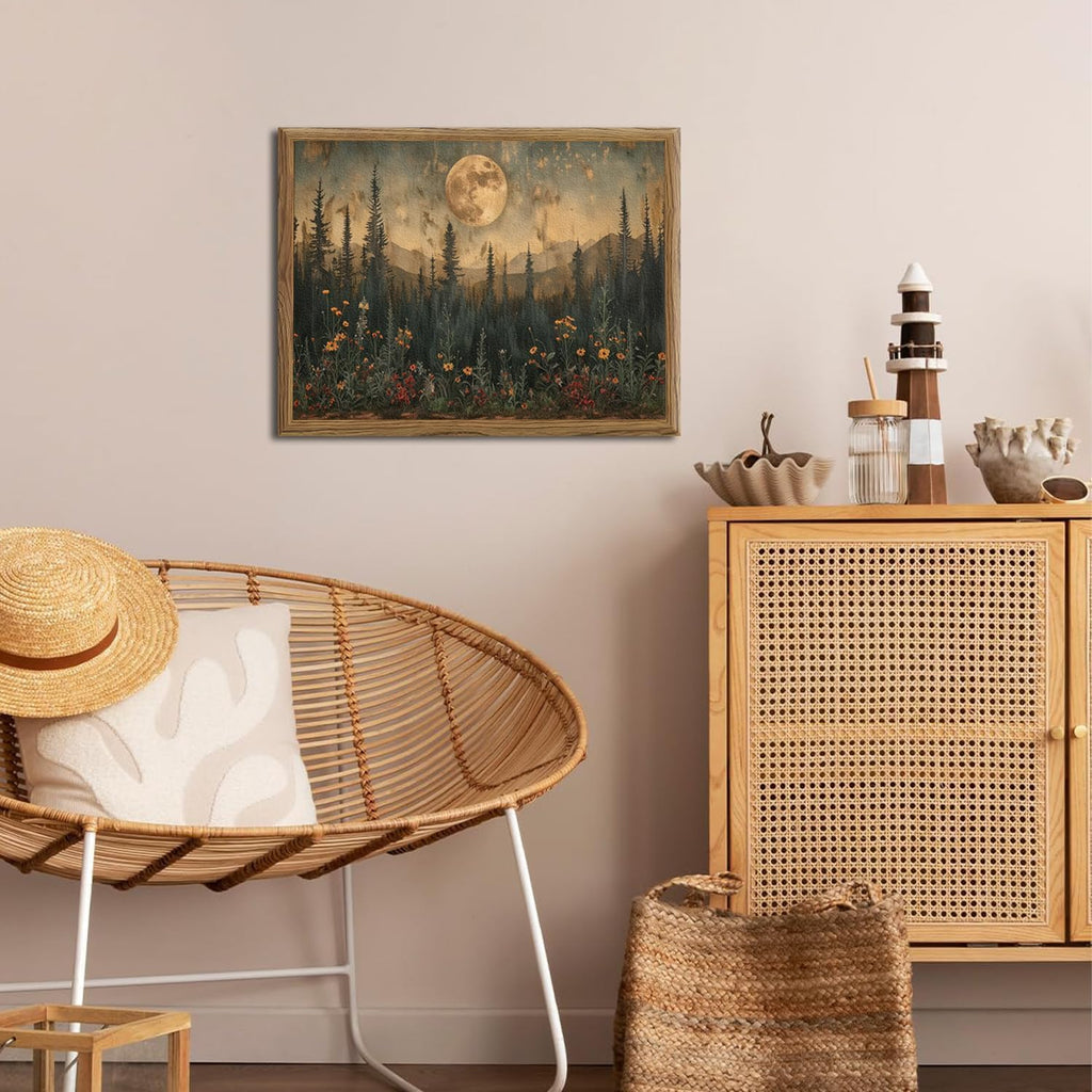 Vintage Nature Forest Wall Art - Dark Moon Landscape Painting | 3D Textured Framed Artwork 12x16