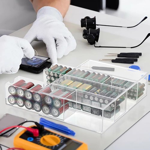 BTSKY Clear Acrylic Battery Storage Organizer - 4-Drawer Holder for AA, AAA, 9V & C Batteries