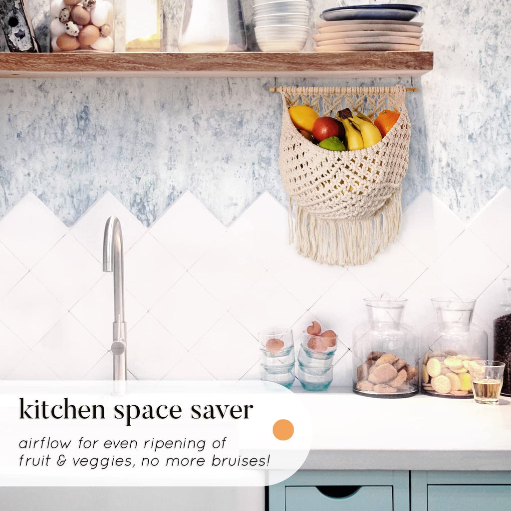 Macrame Fruit Basket, Vegetable and Fruit Hammock for Kitchen Under Cabinet - Hanging Wall Decor, Boho Baskets for Storage, Counter Space Saver - Cotton, Off White