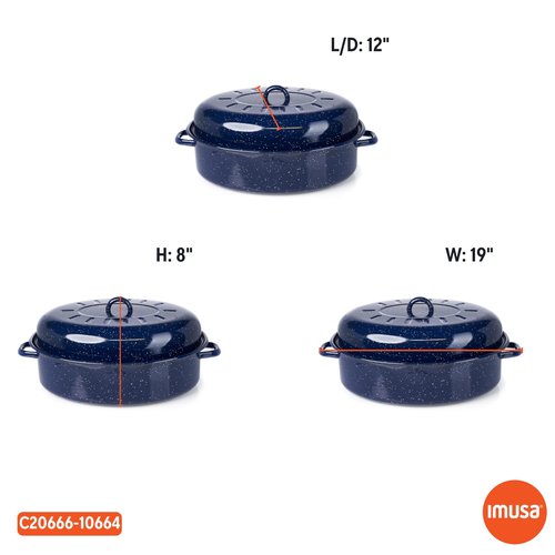 IMUSA USA 18" Traditional Vintage Style Blue Speckled Enamel on Steel Covered Oval Roaster