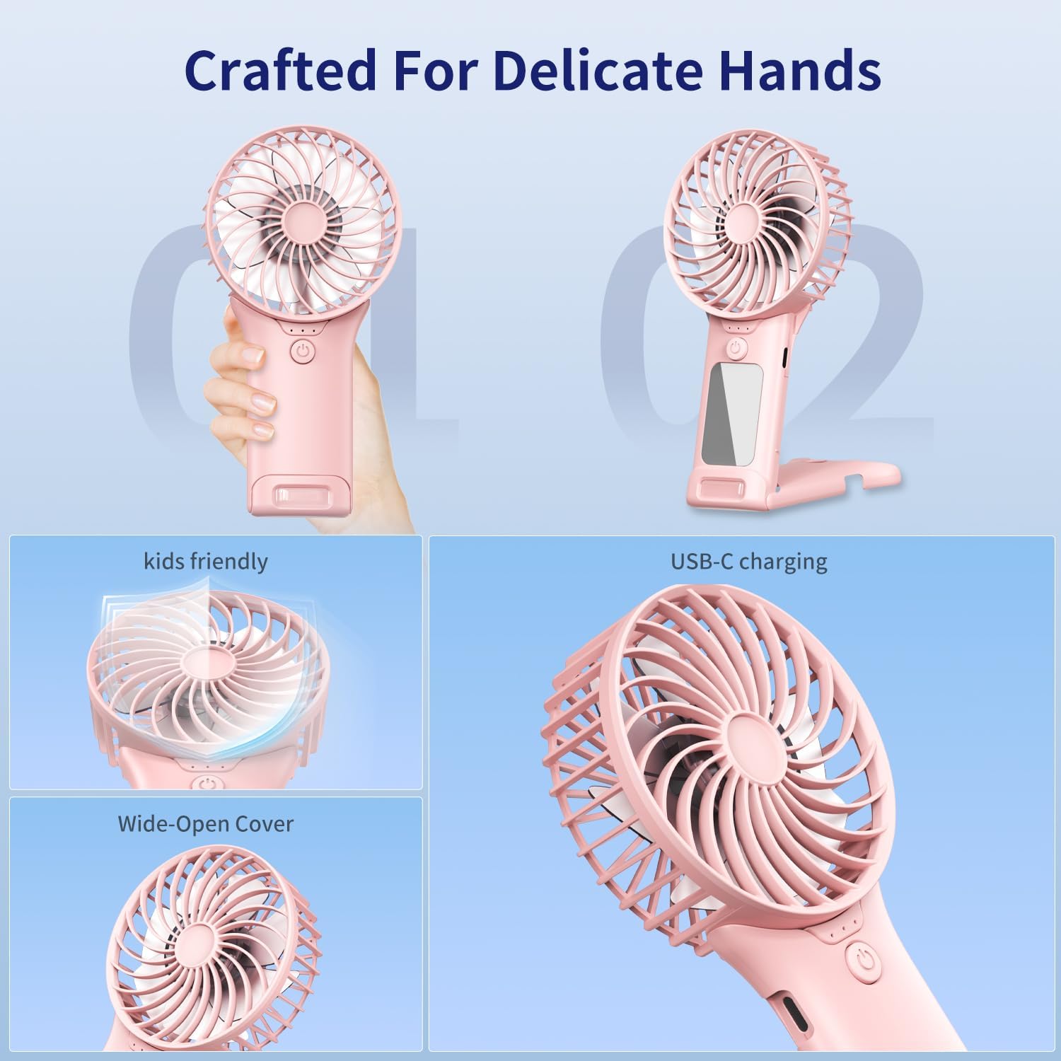 Skiennix Portable Mini Fan - USB Rechargeable Handheld Cooling Device | 4-Speed, Compact & Travel-Friendly (Pink)