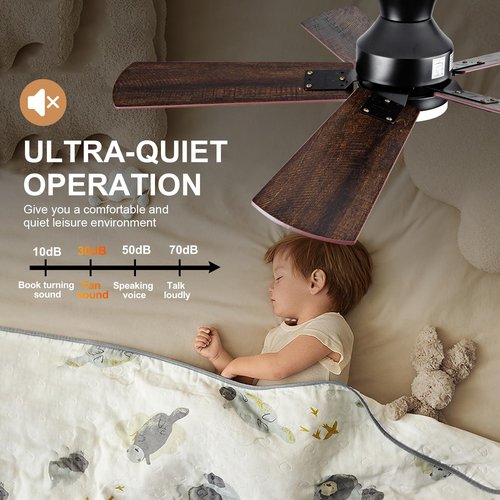 KENSID 42 Inch Black Ceiling fans with lights and Remote,Low Profile Flush Mount Modern Ceiling Fan with Light, 5 blades,Dimmable LED Light,Wall Switch,Indoor Outdoor Ceiling Fan for Bedroom