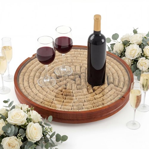 Maxdot Wine Cork Holder Decorative Wine Lover Creative Wedding Gifts for Couples Wooden Lazy Susan for Countertop with Glass Protective Cover Can Store 130 Corks Stoppers Display Bar Table Centerpiece
