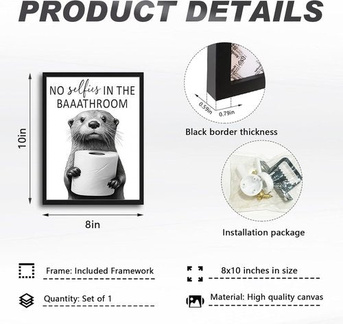 Framed Funny Bathroom Wall Art | Cute Otter Holding Toilet Paper - Black & White Canvas - 8x10in