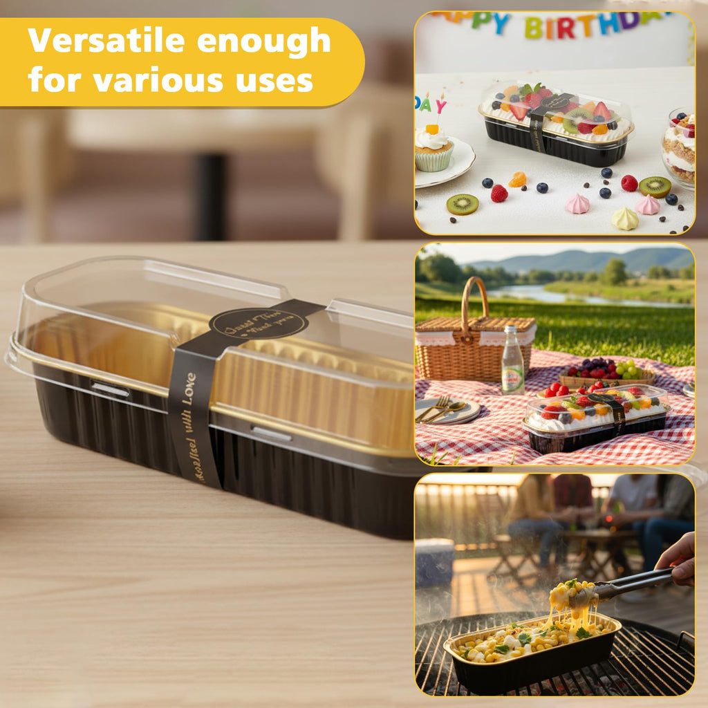 Ruckae 100 Pack Mini Loaf Pan Mini Loaf Baking Pans with Lids and Spoons,Disposable Aluminum Foil Pans, Rectangle Tin Foil Pans with Lids for Home, Pary, Picnics (Black Gold)