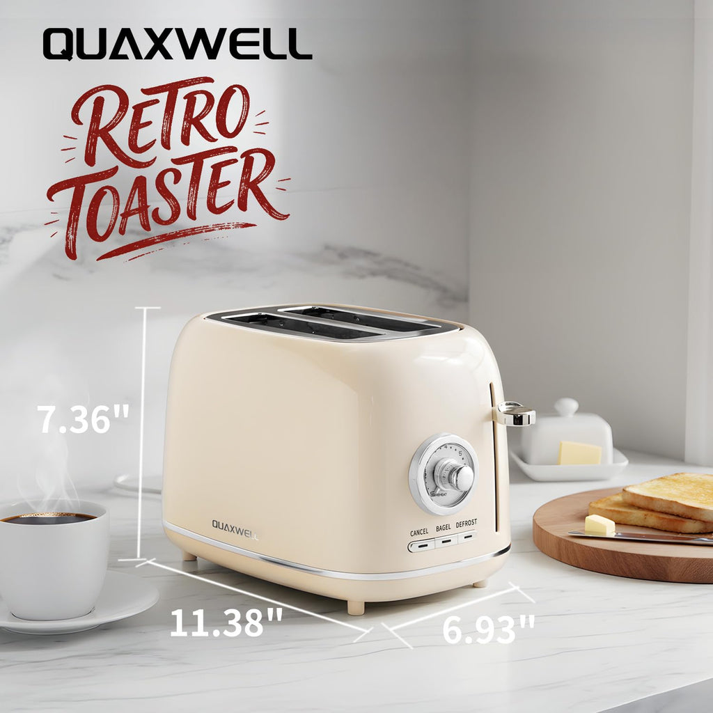 QUAXWELL 2-Slice Toaster, Wide Slots, 7 Bread Shade Settings, Stainless Steel, Bagel, Cancel, and Defrost Functions, Removable Crumb Tray, Retro Style Toaster,Beige