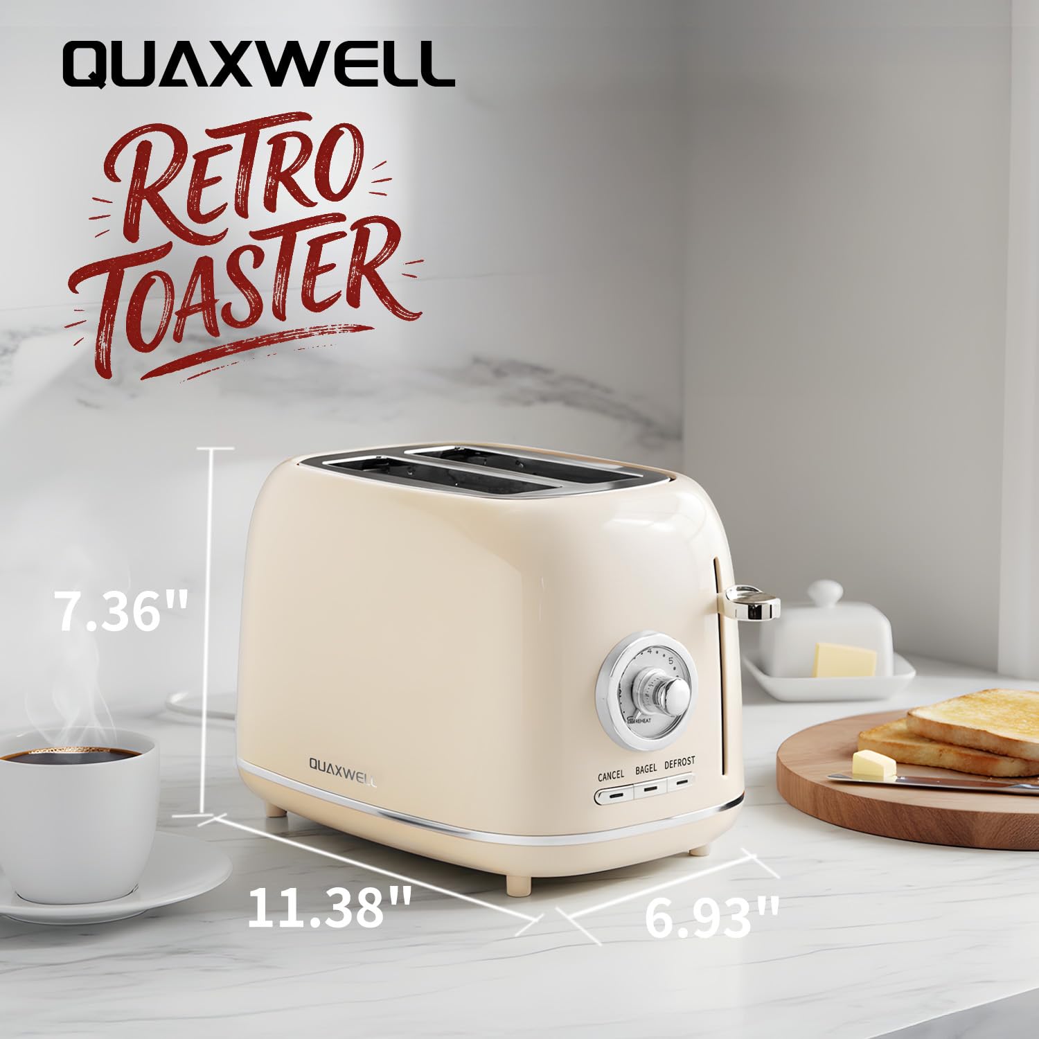 QUAXWELL 2-Slice Toaster, Wide Slots, 7 Bread Shade Settings, Stainless Steel, Bagel, Cancel, and Defrost Functions, Removable Crumb Tray, Retro Style Toaster,Beige