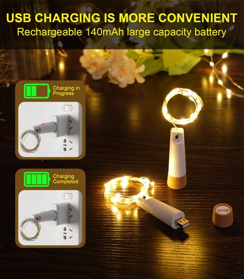 Andvon Wine Bottle Lights with Cork, 4 Pack USB Rechargeable Cork Lights for Wine Bottles,Christmas, Valentine's Day,Party Decoration, 20 LEDs, 6.6 Ft, Warm White