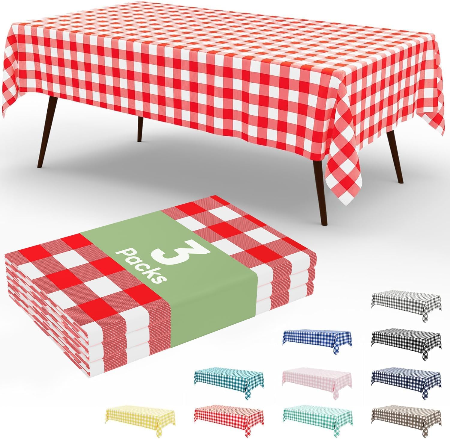 Smiry Disposable Tablecloths - 3 Pack Red Gingham Waterproof Rectangle Covers | 54" x 108" for Picnics & Parties