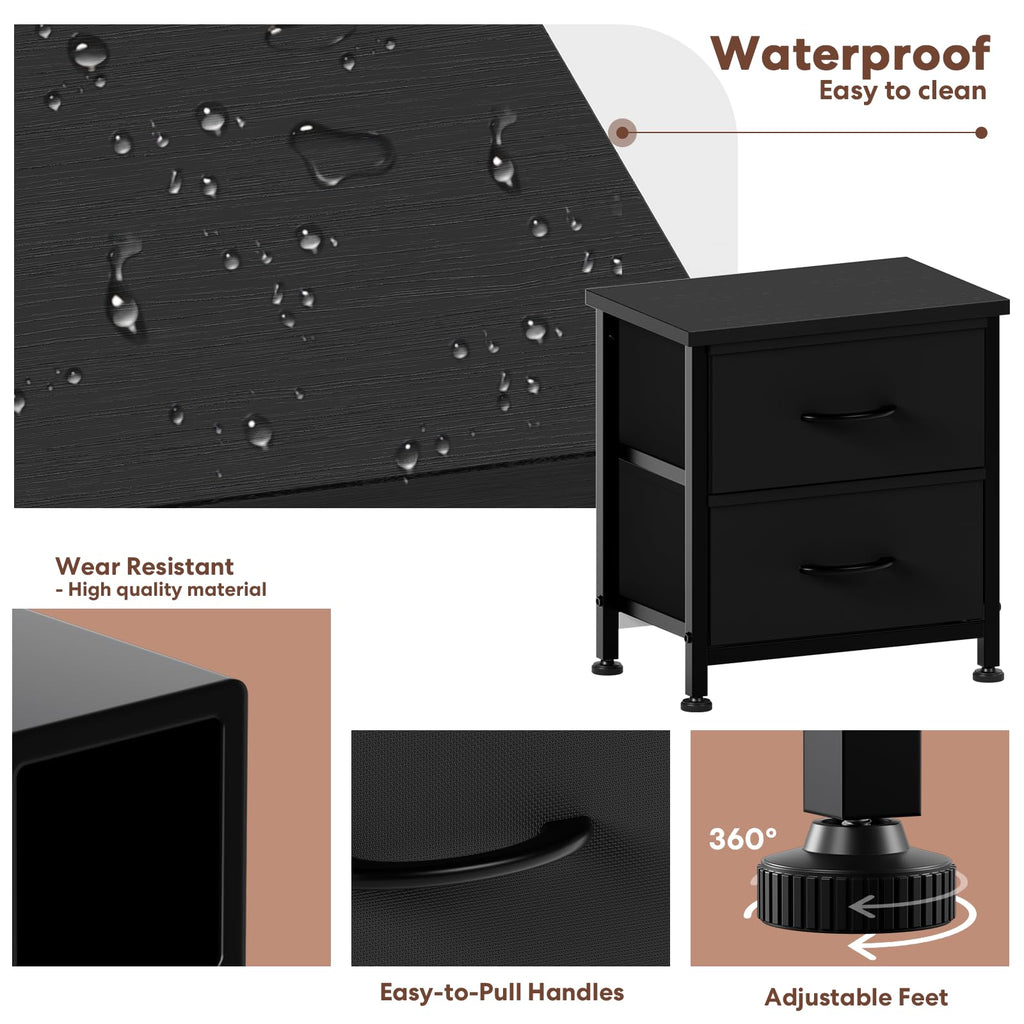 Simple Deluxe Nightstand 2 Drawers Dresser for Bedroom, 3-Tier Bedside Table with Fabric Bins, Night Stand Set 2, End Table for Living Room, Wood top Load-Bearing up to 44 lb, Black