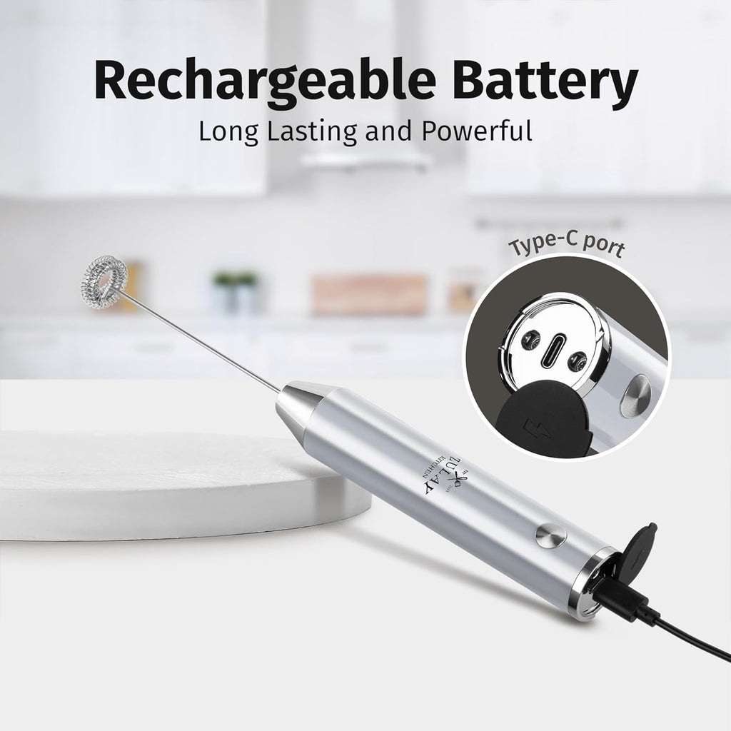 Zulay Kitchen Rechargeable Milk Frother - Powerful 2-Speed Motor, Waterproof, 2000mAh Battery | Perfect for Latte, Cappuccino, Matcha & Protein Drinks - Pure Silver