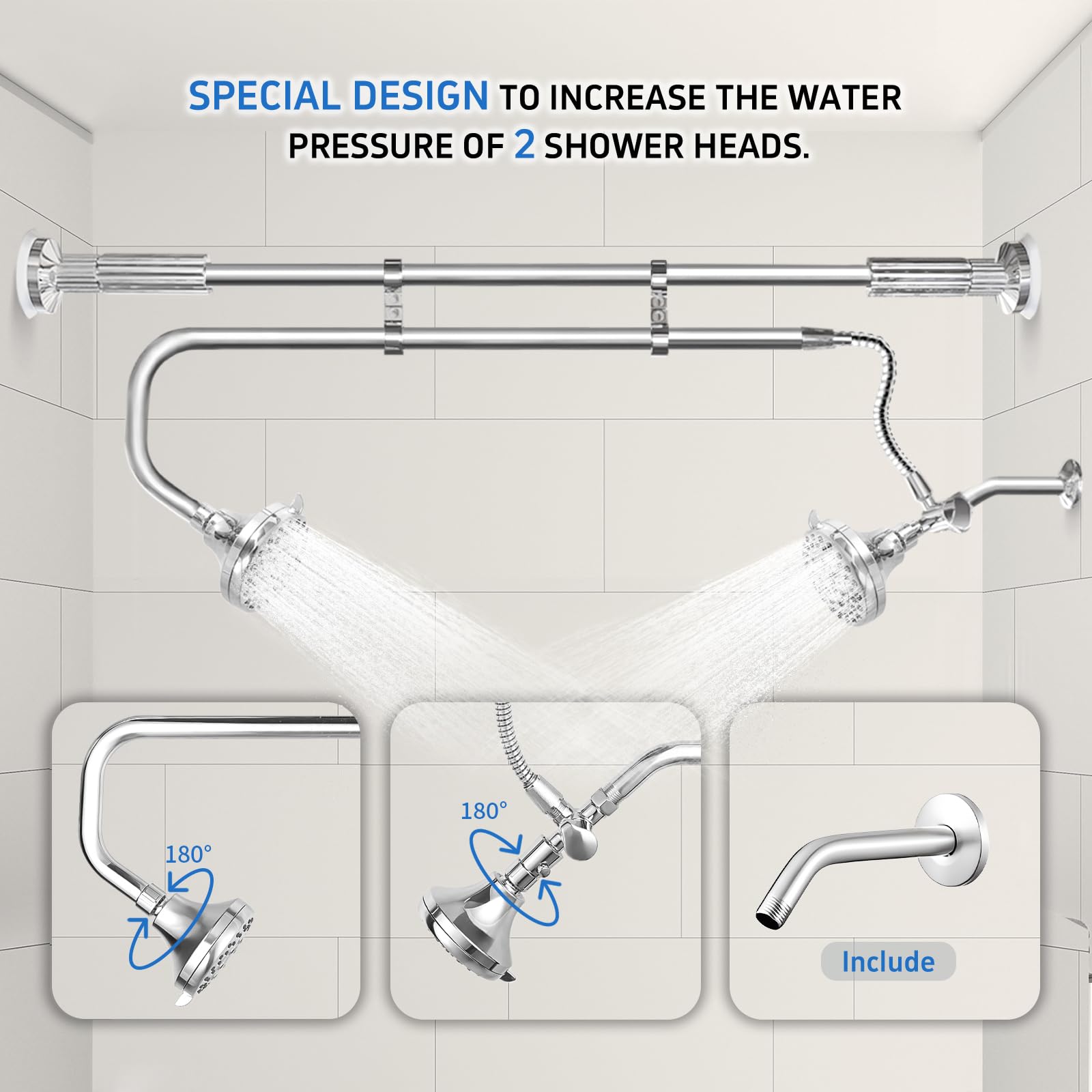 OURBAOFU Tandem Shower Heads, Double Shower Head for Couples, Dual Shower Head System for Two People, High Pressure and Adjustable Double Shower Heads (Silver)