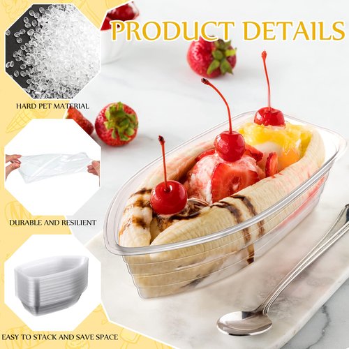 Rtteri 400 Pcs Banana Split Boat Plate 12oz Disposable Ice Cream Sundae Bowls Banana Split Bowls Clear Pet Plastic Splits Bowl Tray for Party Dish Dessert Birthday Carnivals Gelato Home