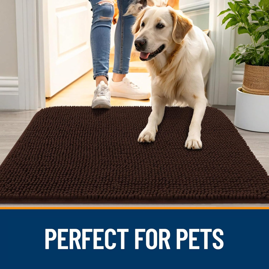 OLANLY Dog Door Mat - Absorbent Non-Slip Chenille Mat for Muddy Paws | 59x24 Inches, Brown