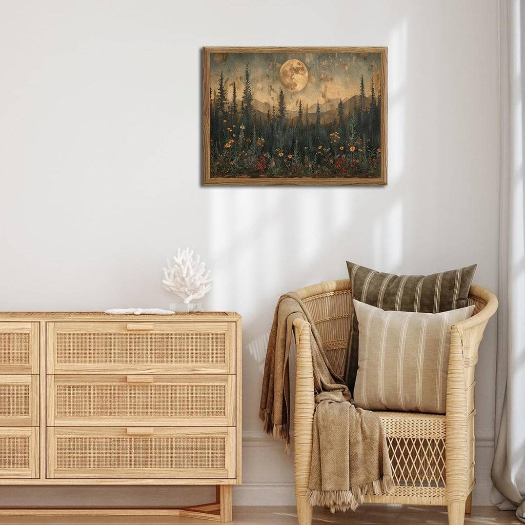 Vintage Nature Forest Wall Art - Dark Moon Landscape Painting | 3D Textured Framed Artwork 12x16