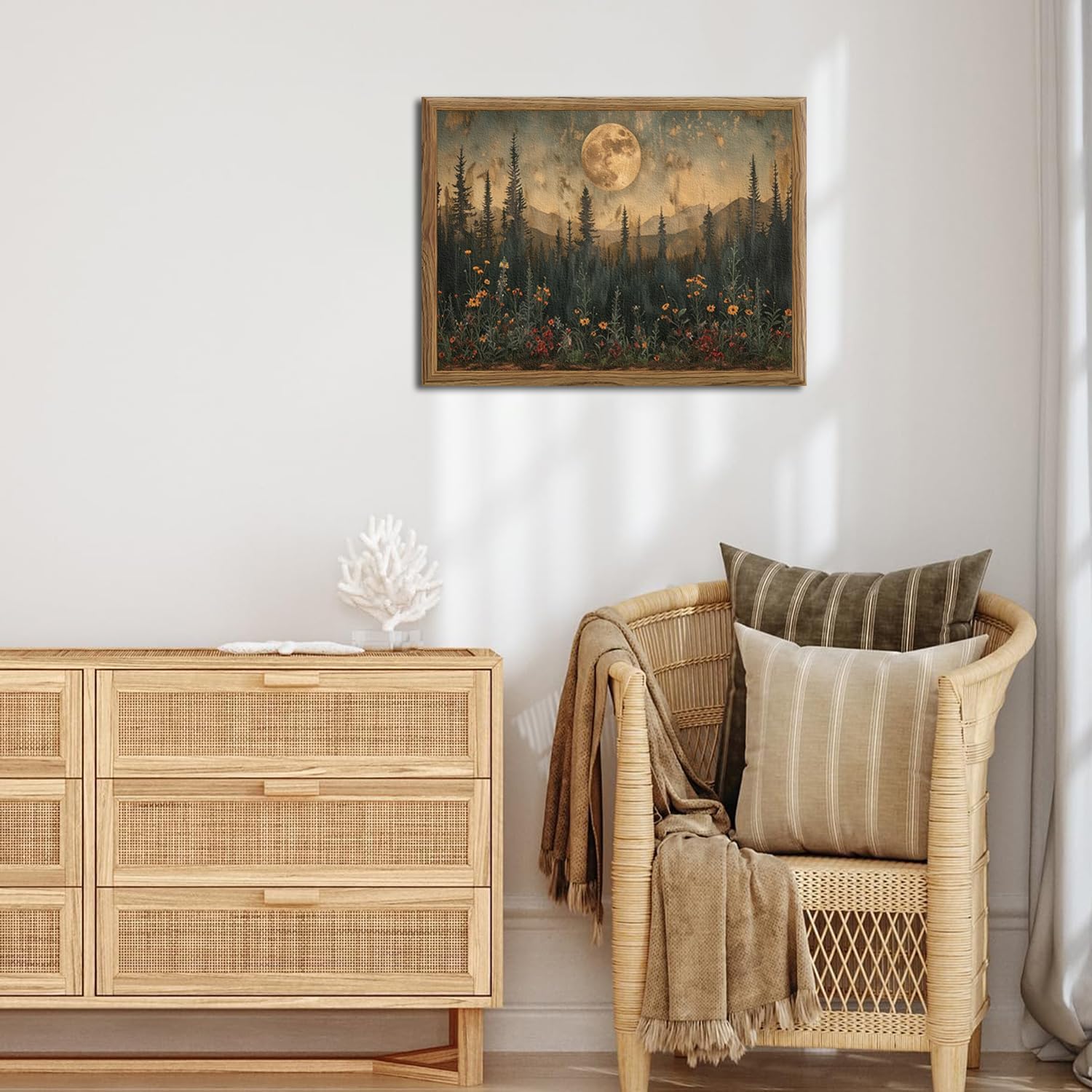 Vintage Nature Forest Wall Art - Dark Moon Landscape Painting | 3D Textured Framed Artwork 12x16