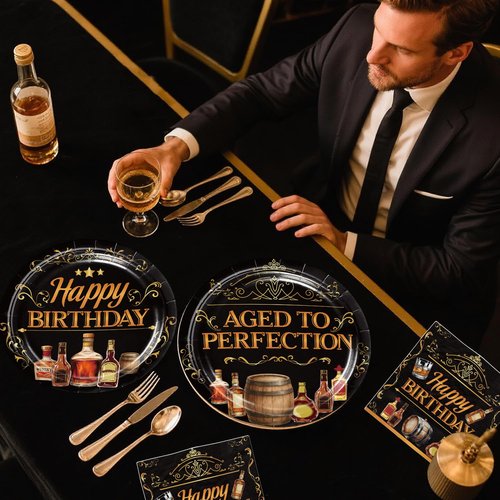 Yingoto Aged to Perfection Birthday Decorations for Men – 207PCS Whiskey Birthday Decorations Set with Plates, Napkins, Cups, 2 Tablecloths, Balloons, Banner & Cupcake Toppers, Serves 25 Guests
