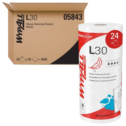 WypAll GeneralClean L30 Cloths Heavy Duty Cleaning Wipes (05843), Strong and Soft Bulk Paper Wipers, White (70 Sheets/Roll, 24 Rolls, 1,680 Sheet Total)